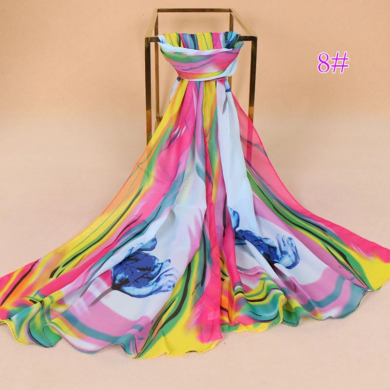 In Stock Floral Print Scarf Women Shawl Elegant Thin Sunscreen Sun-resistant Beach Towel Scarves Chiffon Hijab