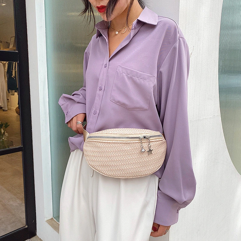 New Fashion Women'S Sports Waist Bag Korean Geometric Pattern PU Solid Color Shoulder Crossbody Bag