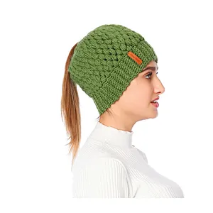 Winter Ladies Pure Color Ponytail Knitted Hat Fashion Hollow Ear Protection Woolen Hat