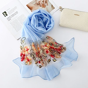 New solid color artificial silk morning glory embroidery sunscreen scarf female fashion wild floral embroidery scarf