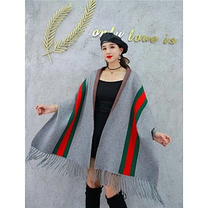 Western Style Ladies Double Side Warm Tassels Fringe Vertical Stripe Long Cashmere Poncho Shawl