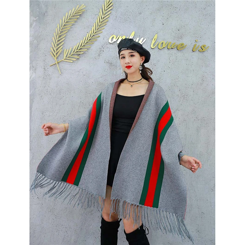 Western Style Ladies Double Side Warm Tassels Fringe Vertical Stripe Long Cashmere Poncho Shawl