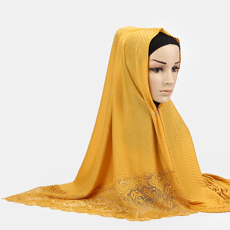 Single Color Cotton Crease Women'S Long Lace Stitching Pearl Length Wholesale Lace Hijab Scarf