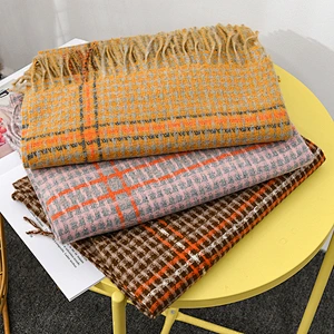 Autumn Winter Women'S New American Cashmere Scarf Warmth Tassel Shawl Color Grid Scarf