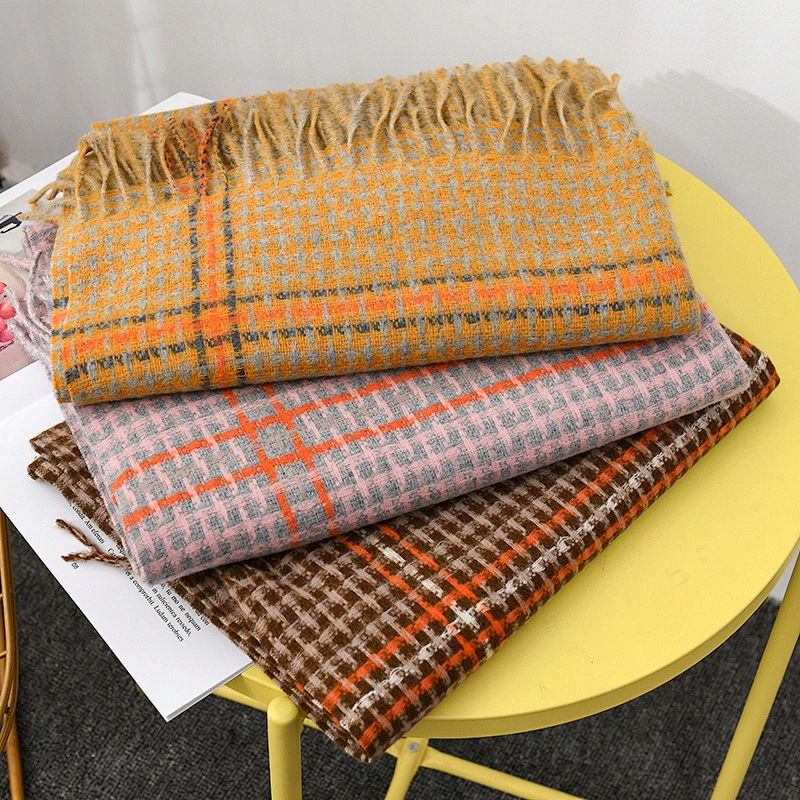 Autumn Winter Women'S New American Cashmere Scarf Warmth Tassel Shawl Color Grid Scarf