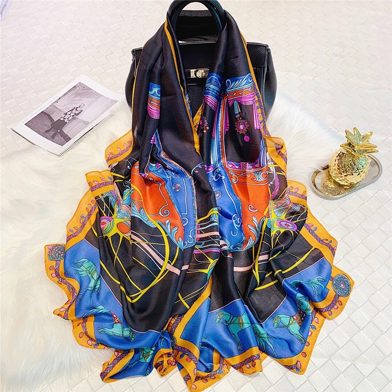 Spring and autumn new carriage printed scarf female wild scarf outdoor sunscreen simulation silk scarf