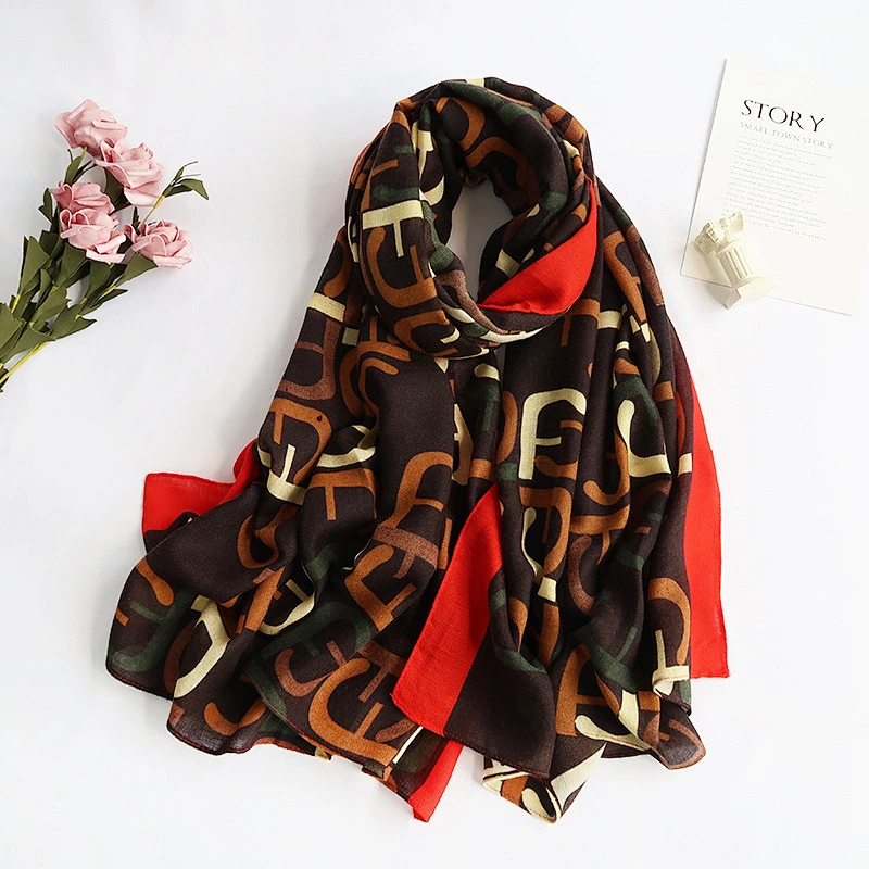 Stock Wholesale Summer New Cotton And Linen Letter Printing Sunscreen Scarf Female Messy Linen Shawl