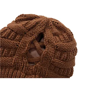 Hot Sale Autumn  Winter Pure Color Wool Hat Low Ponytail Back Hollow Split Knit Hat