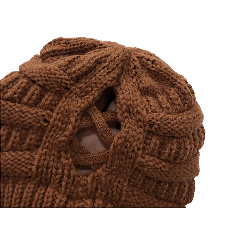 Hot Sale Autumn  Winter Pure Color Wool Hat Low Ponytail Back Hollow Split Knit Hat