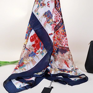 Spring and summer new ladies color contrast camel retro design printed silk sunscreen shawl scarf