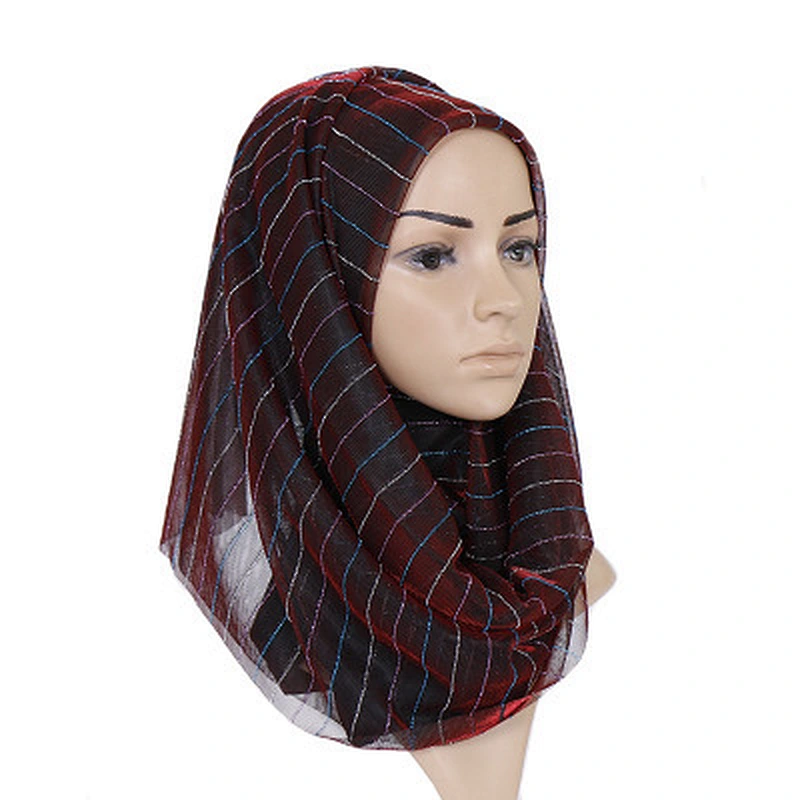 Elastic gold thread braided striped sunscreen shawl muslim wholesale women polyester scarf hijab