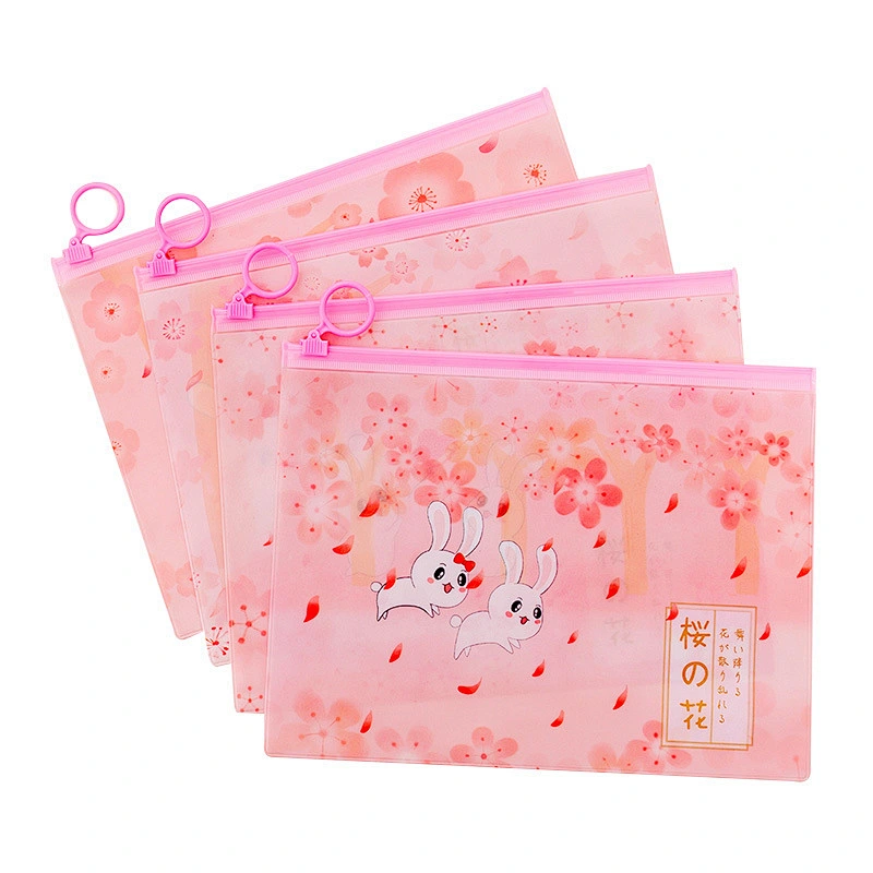 ins girl pink cherry blossom rabbit ring zipper file bag small fresh student storage bag stationery pencil bag