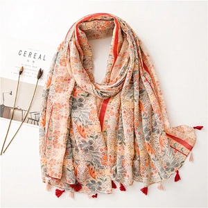 2020 Original Gauze Sunscreen Shawl Small Fresh Plant Flower Printing Cotton And Linen Feel Fringed Scarf