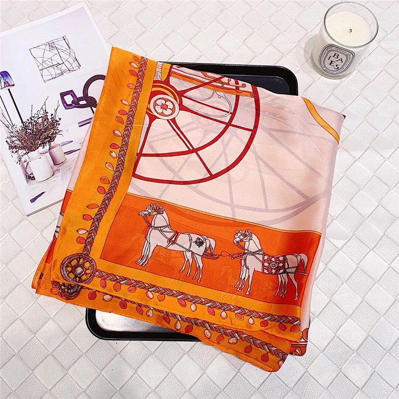 Spring and autumn new carriage printed scarf female wild scarf outdoor sunscreen simulation silk scarf