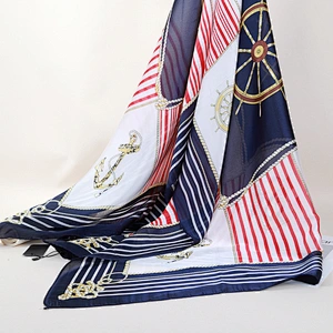 Spring new striped ladies scarf emulation silk satin navy wheel shawl travel scarf fashion beach towel