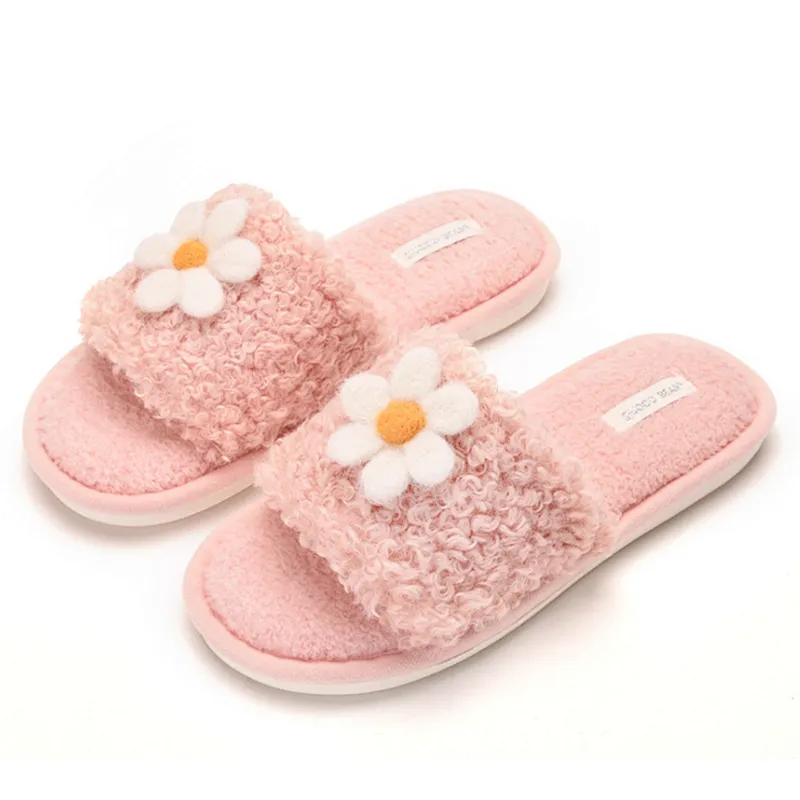 2020 Autumn Winter New Candy Color Korean Home Casual Flower Girl Plush Slippers