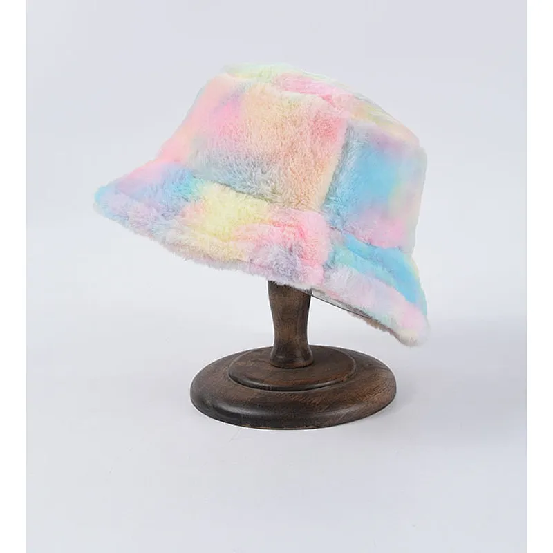 2020 Bucket Hat Rainbow Color Stylish Tie-Dyed Warm Furry Bucket Hats Colorful Fur Hat