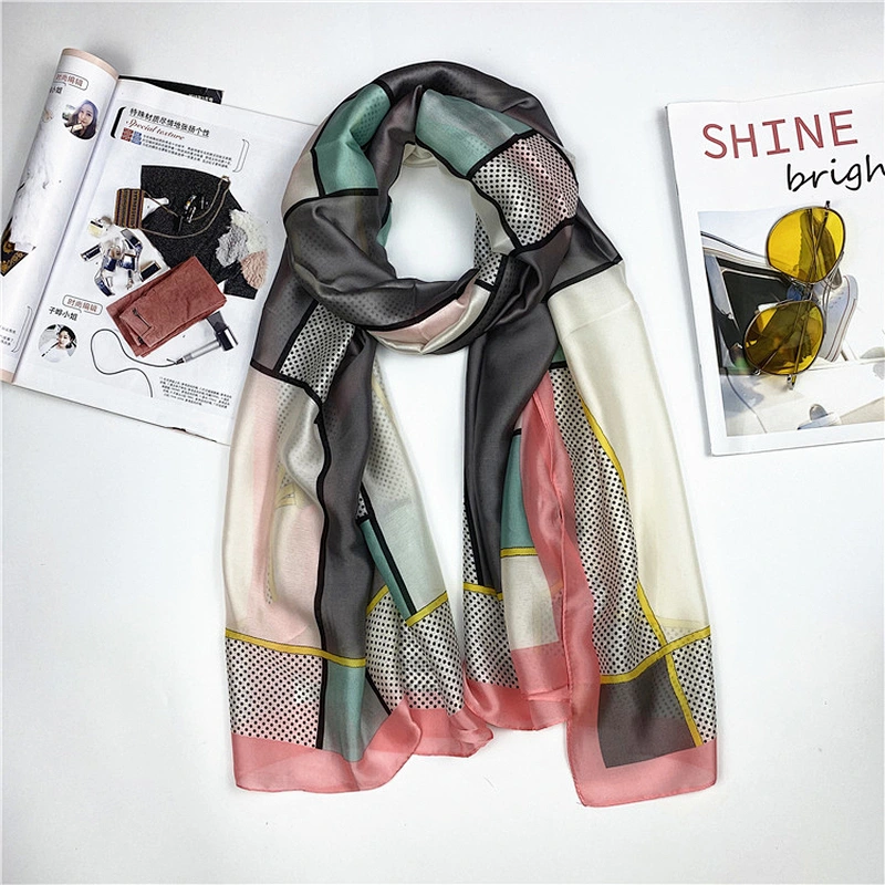 Large Size Summer Travel Sunscreen Ladies Scarf Korean Scarf Female Stitching Polka Dot Satin Printed Silk Scarf