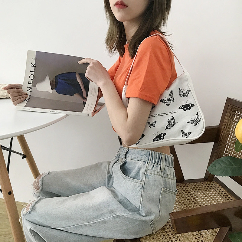 Spring Women Small Handbag Butterfly Print Canvas Tote Ladies' Fashion Underarm Bag Zipper Half Moon Bags Cloth Purse