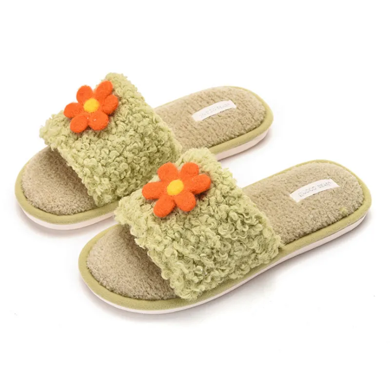 2020 Autumn Winter New Candy Color Korean Home Casual Flower Girl Plush Slippers