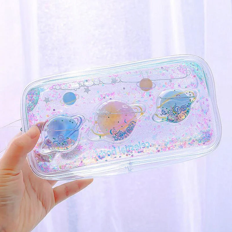 Fashion Floating Shiny Holographic Liquid Quicksand Glitter Makeup Cosmetic Bag Crystal Pencil Case
