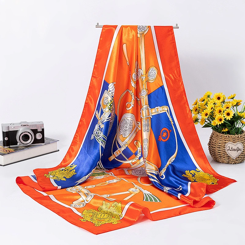 Crown print simulation silk large sunscreen scarf wild ladies 90x90 satin silk square scarf