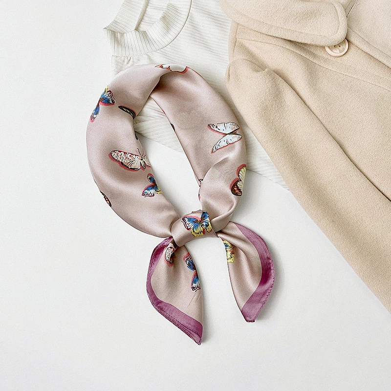 2020 summer new small butterfly printed silk scarf female simulation silk scarf curled small square scarves