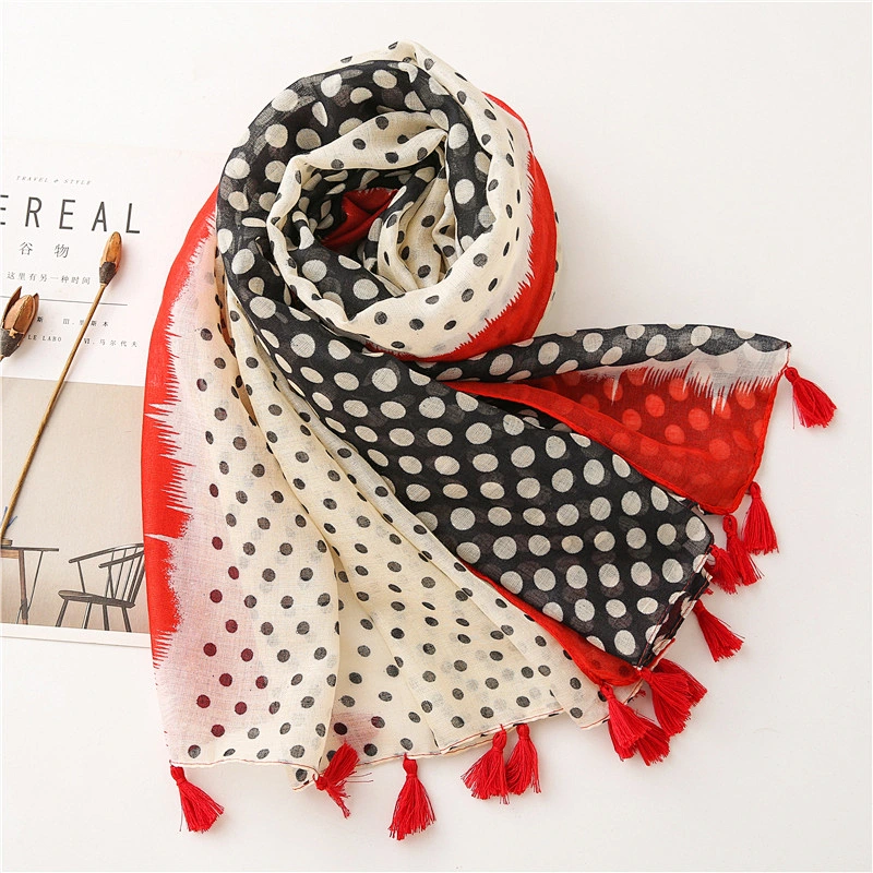 Spring New Korean Version Big Size Dots Hit Color Cotton And Linen Shawl Dual-Use Long Seaside Gauze Scarf Women