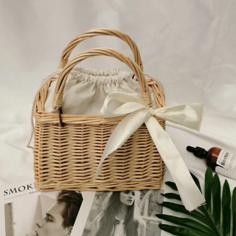 Rattan Flower Basket Handbag Korean Woven Vegetable Basket Cloth Lining Willow New Female Summer Bamboo Woven Bag
