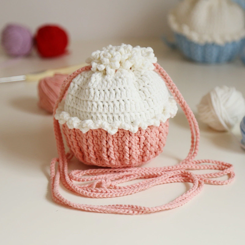Crochet Braid Cotton Rope Drawstring Shoulder Bag Handmade Cake Shape Beach Straw Crossbody Bag