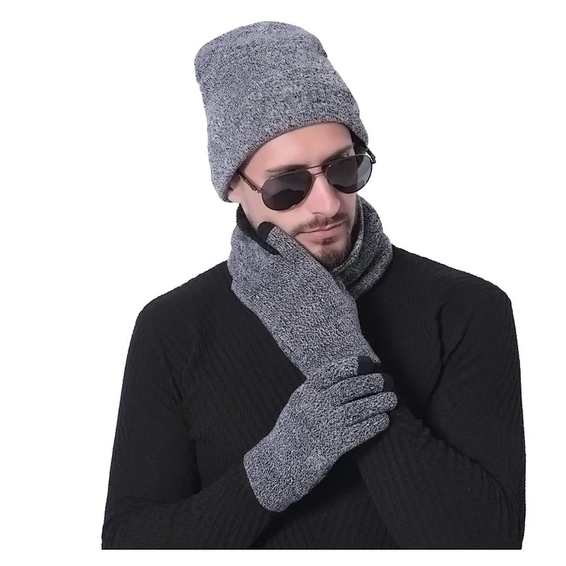 Unisex Knitted Warm Ski Winter Slouchy Outdoor Sports Acrylic Beanie Touch Screen Cap Scarf Hat Glove Sets