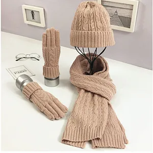 New Winter Knit Hat New Cable Warm  Soft Wool Hat Scarf  Gloves 3 Pieces Set
