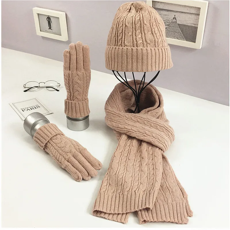 New Winter Knit Hat New Cable Warm  Soft Wool Hat Scarf  Gloves 3 Pieces Set