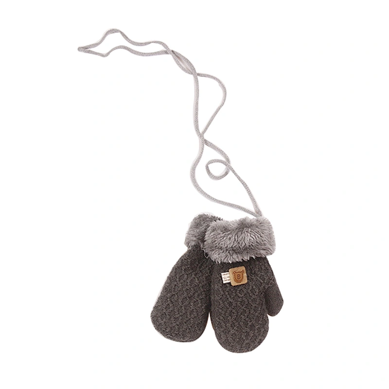 Winter Children'S Gloves Knitted Warm Velvet Thicken Gloves Baby Cute Bear Mittens Finger Lanyard Gloves