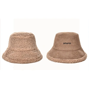 Ladies Suede Embroidered Logo Women Winter Double Sided Reversible Suede Bucket Hat
