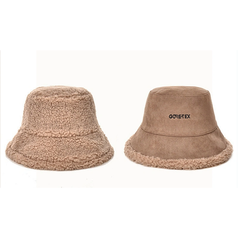 Ladies Suede Embroidered Logo Women Winter Double Sided Reversible Suede Bucket Hat