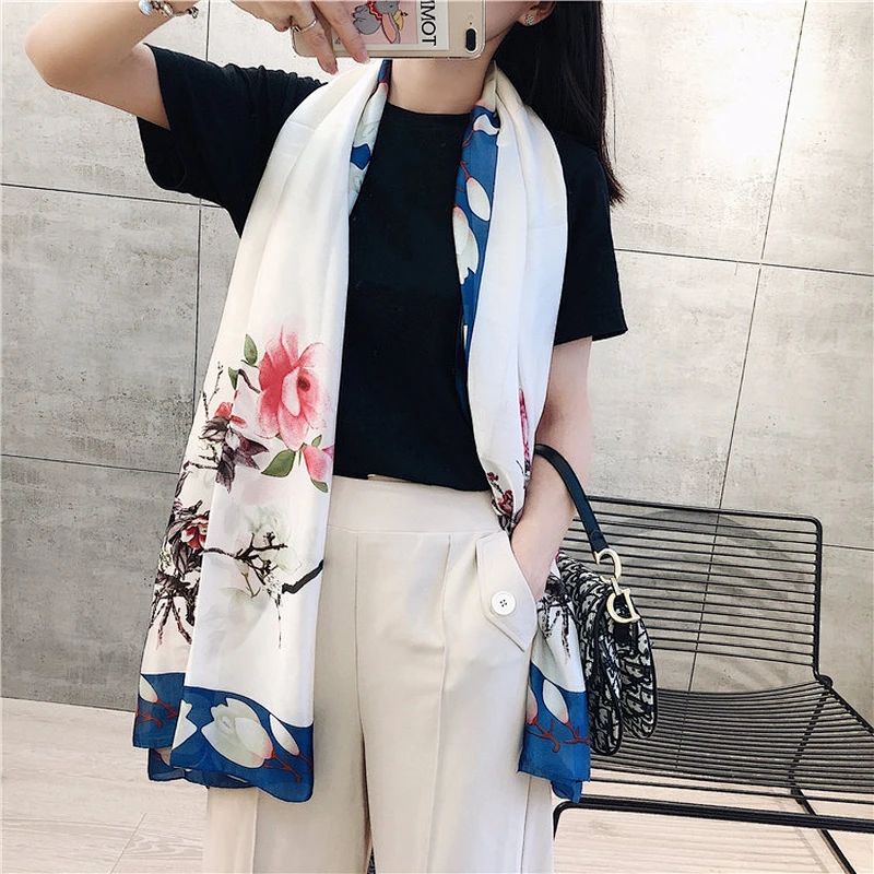 New Spring Summer Beach Scarves Ladies Travel Vacation Sunscreen Silk Scarf Big Flower Printing Long Shawl