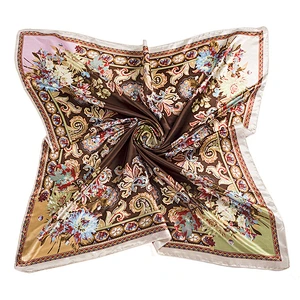 Fashion Female Scarf Cashew Flower Printed Satin Square Scarf Handkerchief 90cm Square Scarf