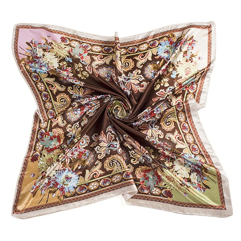 Fashion Female Scarf Cashew Flower Printed Satin Square Scarf Handkerchief 90cm Square Scarf