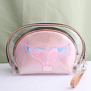 2 Pcs Women Lipstick Waterproof Portable Large Capacity Makeup Mermaid Laser Cosmetic Bag