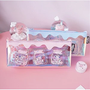 Korean Version Simple Beard Snap Button Pencil Bag PVC Student Stationery Bag Cosmetic Storage Pencil Bag
