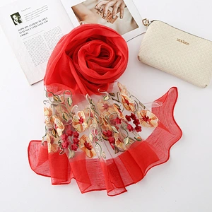 New solid color artificial silk morning glory embroidery sunscreen scarf female fashion wild floral embroidery scarf