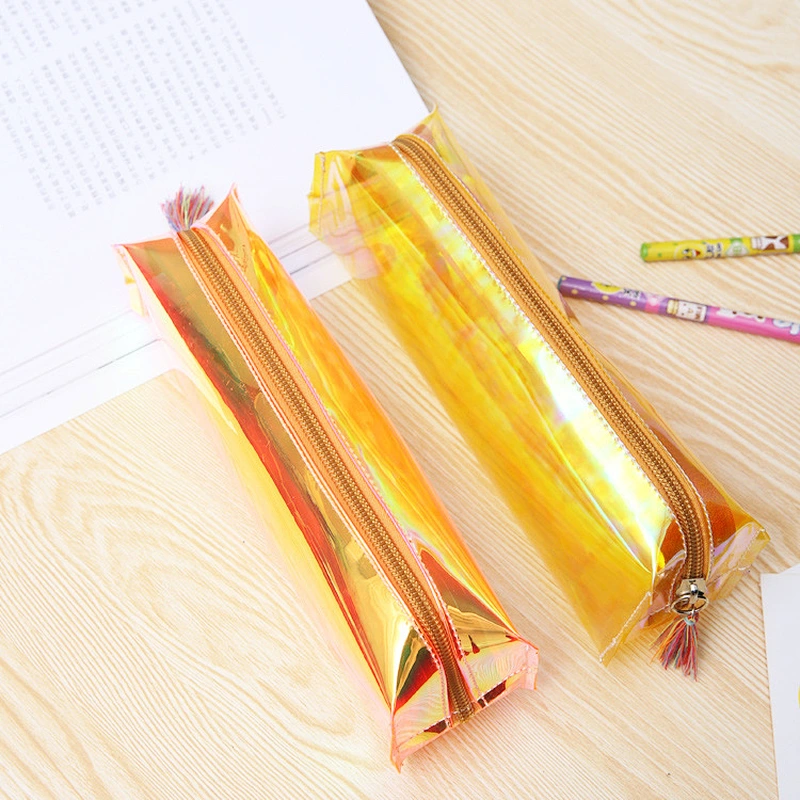 Personality Students Transparent Pencil Case Holographic Laser Stationery Bag With Tassel