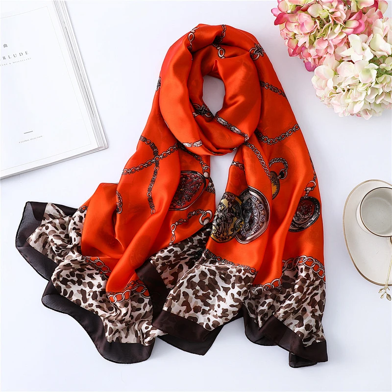 Leopard clock chain printed women sunscreen shade china brand silk scarf pareo beach towel