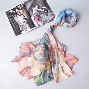Spring and summer new female simulation silk oil painting printed elegant silk scarf beach towel shawl