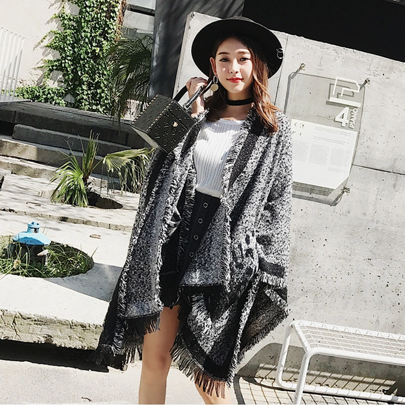 Korean Version New Womens Ladies Front Open Knit Poncho Cashmere Cloak Coats Shawl Wrap With Pockets