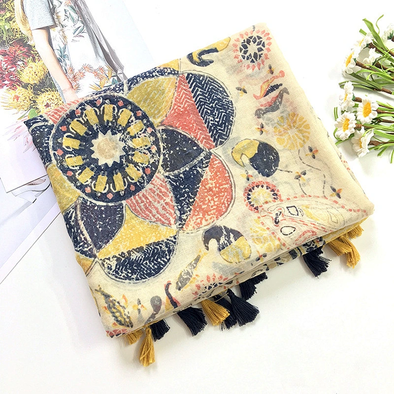 Dark Ginger Yellow Tassel Ethnic Style Seaside Beach Travel Photo Thin Sunscreen Dual-Use Scarf Shawl