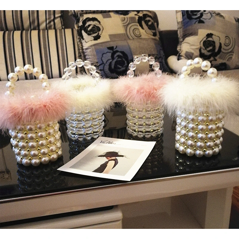 Retro Ladies Single-Shoulder Messenger Bag Hand-Woven Beaded Pearl Plush Bucket Bag Evening Bag