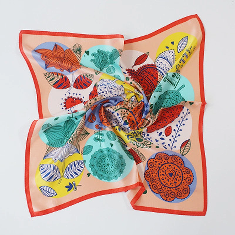 Spring and summer new fashion casual leaf circular print contrast pattern satin silk square scarf