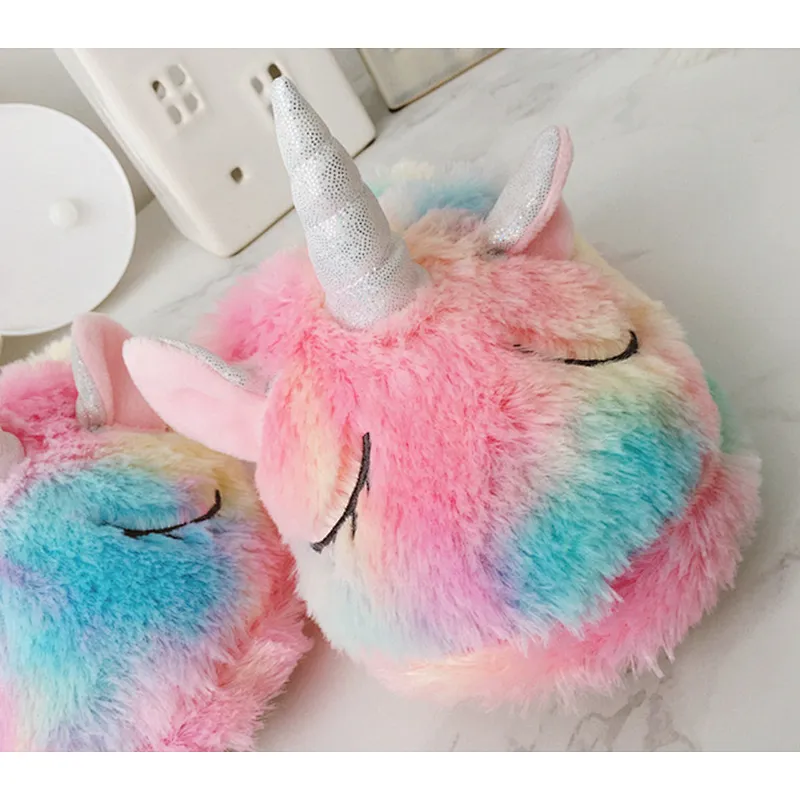 Warm Indoor Gradient Color Cartoon Slippers Fluffy Slippers Plush Sweet Unicorn Baby Girls Shoes